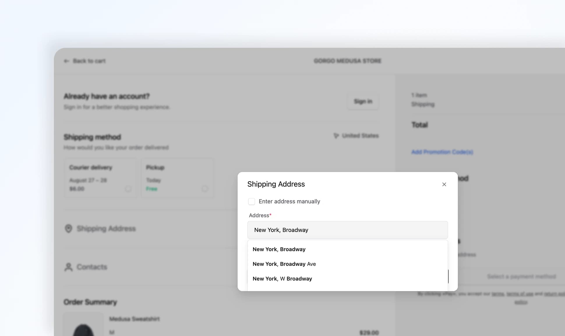 The address field suggesting options as you type