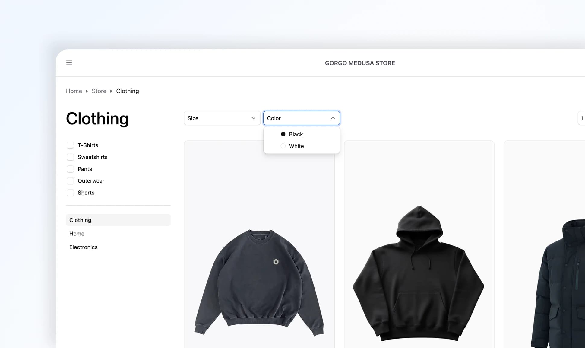 The catalog with product option filters and a category sidebar