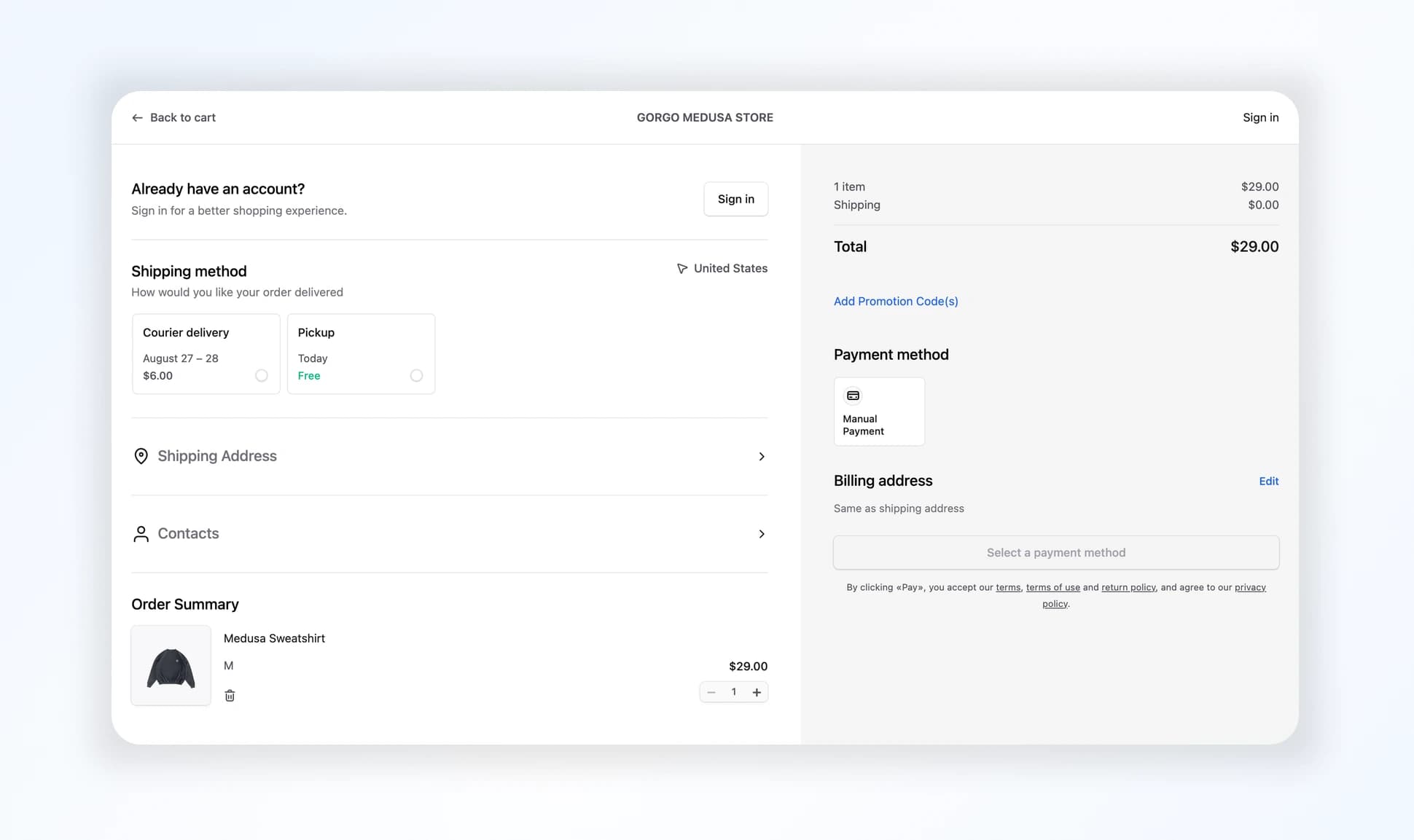 Checkout: contacts, address, shipping, and payment open as modals