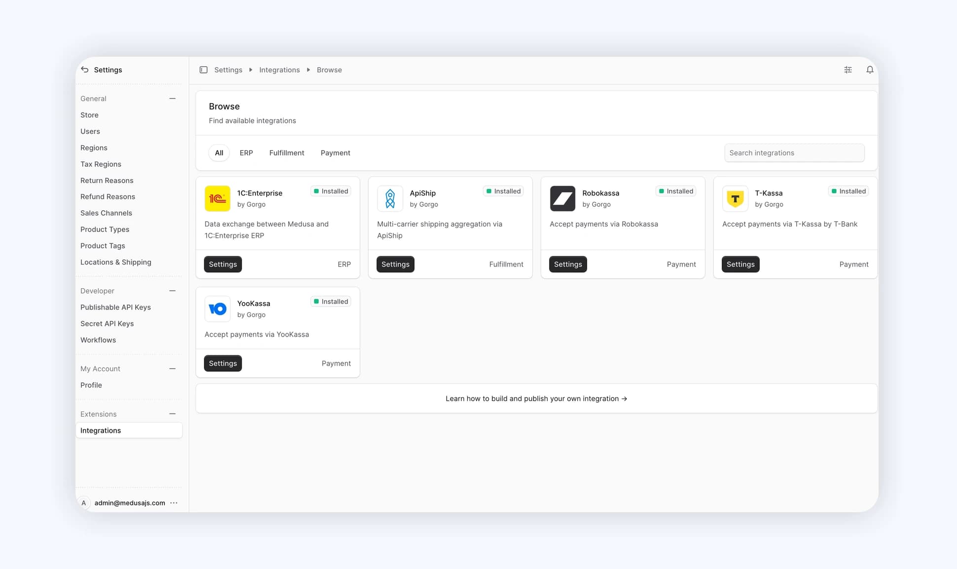 The Settings -> Integrations page in the Medusa Admin