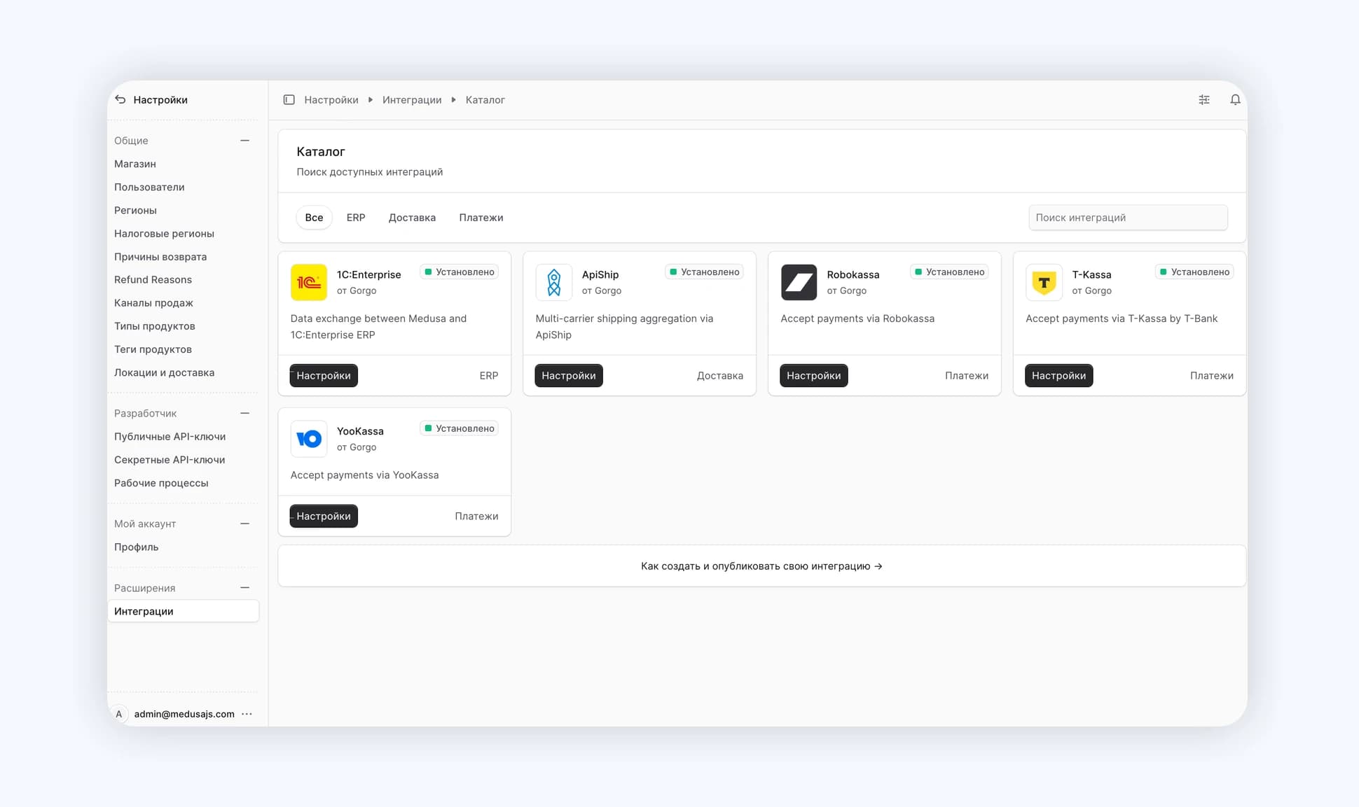 Страница Настройки → Интеграции в Medusa Admin