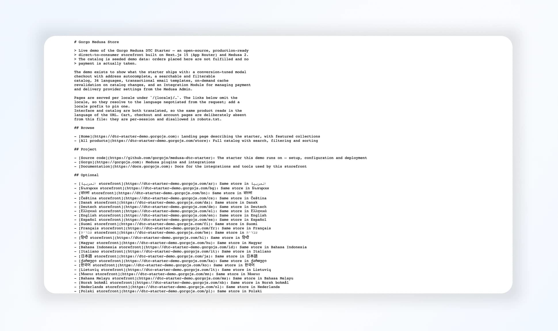 The llms.txt endpoint serving the store catalog