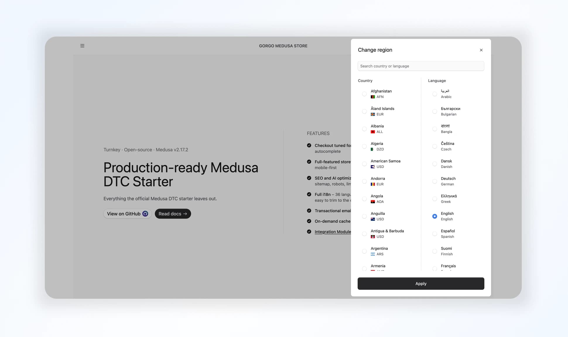The language and region switcher on the storefront